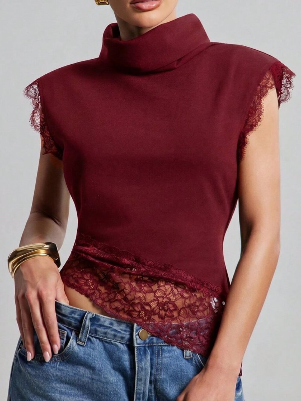 Burgundy Casual Women's Sexy Office High Turtle Neck Lace Trim Knit Top